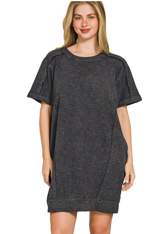 Black Slub Short Sleeve Pocket Dress