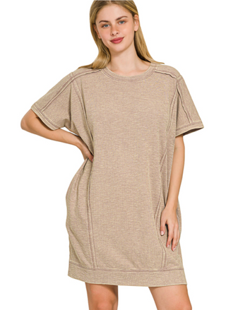 Mocha Slub Short Sleeve Pocket Dress