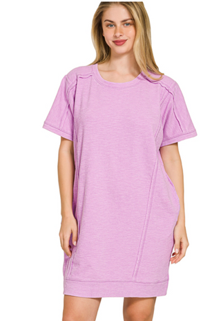 Mauve Slub Short Sleeve Pocket Dress