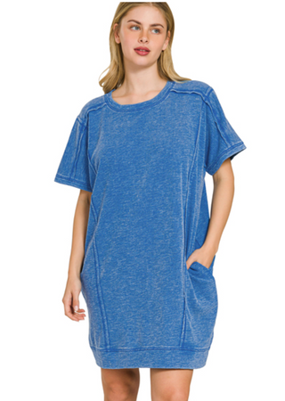 Blue Slub Short Sleeve Pocket Dress