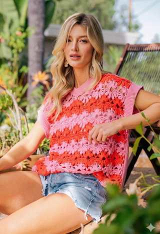 Pink Alternating Floral Crochet Knit Drop Shoulder Top