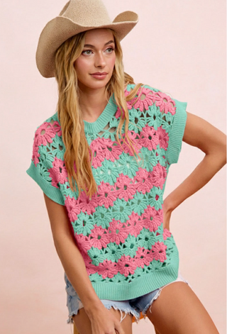 Mint Alternating Floral Crochet Knit Drop Shoulder Top