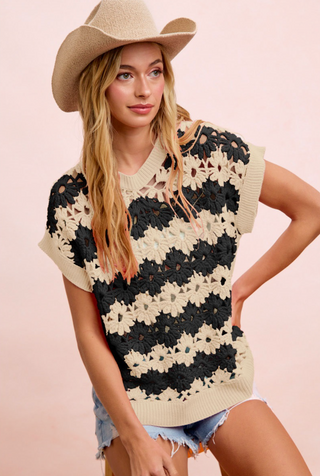 Black Alternating Floral Crochet Knit Drop Shoulder Top