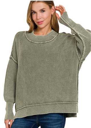 Olive Side Slit Oversized Sweater