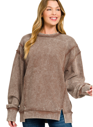 Brown Acid Washed Double Ribbed Pullover