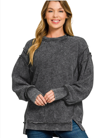 Black Acid Washed Double Ribbed Pullover
