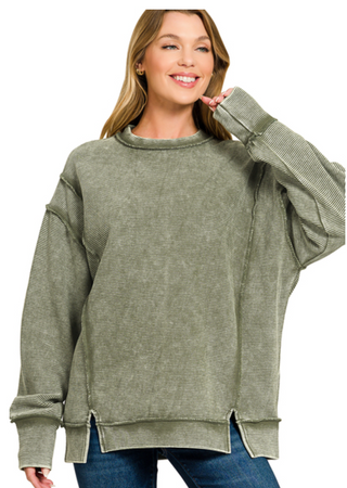 Olive Acid Washed Double Ribbed Pullover