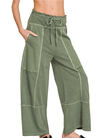 Army Green Washed Wide Leg Pants