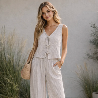 Mocha Striped V-Neck Bow Tie Front Tank