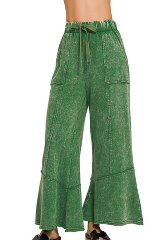 Dark Green Exposed Seam Flare Pants