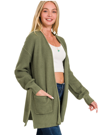 Olive Waffle Open Cardigan