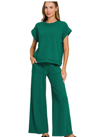 Hunter Green Cotton Slub Tee & Pant Set
