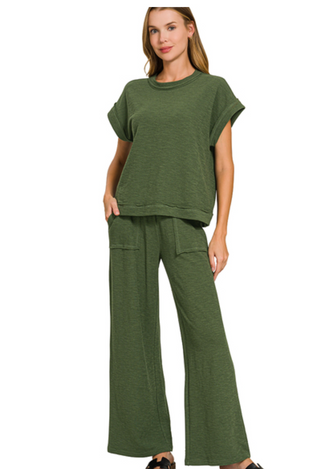 Army Green Cotton Slub Tee & Pant Set
