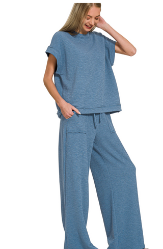 Dusty Blue Cotton Slub Tee & Pant Set