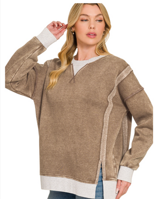 Mocha Fleece Acid Wash Pullover