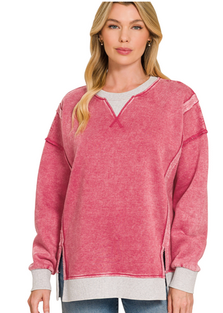 Red Fleece Acid Wash Pullover
