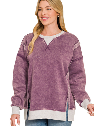Eggplant Fleece Acid Wash Pullover