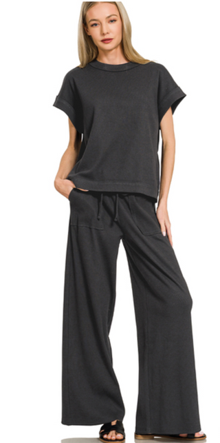 Black Ribbed Short Sleeve Tee & Pants Set