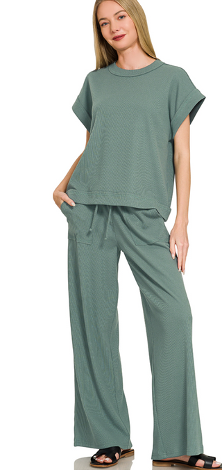 Jade Ribbed Short Sleeve Tee & Pants Set