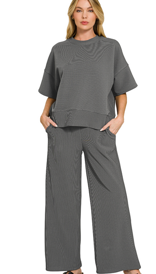 Gray Ribbed Short Sleeve Tee & Pants Set