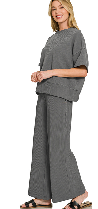 Gray Ribbed Short Sleeve Tee & Pants Set