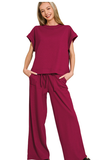 Cabernet Ribbed Short Sleeve Tee & Pants Set
