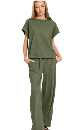 Olive Ribbed Short Sleeve Tee & Pants Set