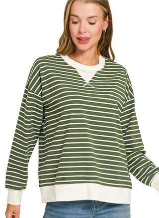 Army Green Striped Pullover