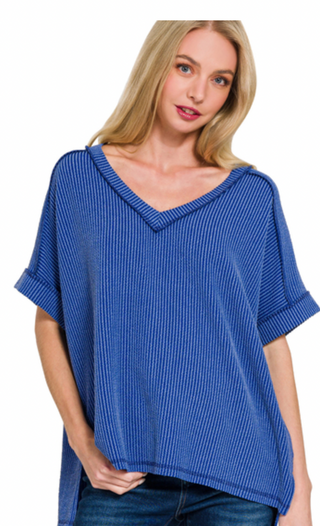 Bright Blue Corded Ribbed V Neck Top