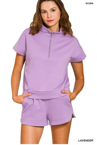 Lavender Scuba high neck half zip top & dolphin shorts set