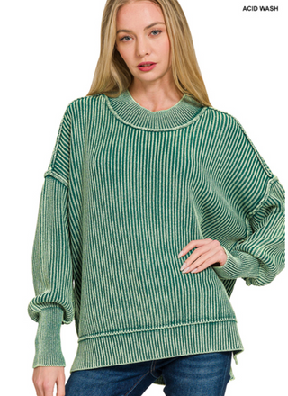 Hunter Green  Washed side slit oversized sweater