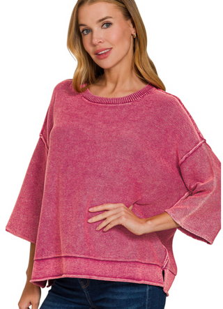 Cabernet Washed 3/4 sleeve boxy sweater