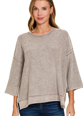 Mocha Washed 3/4 sleeve boxy sweater