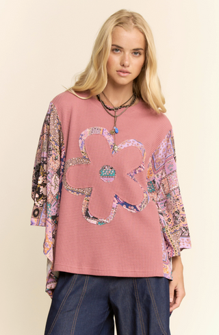 Boho Patchwork Knit Top with Flower