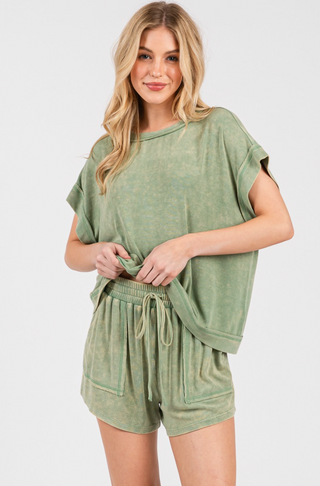 Mineral Washed Top and Shorts Rib Set
