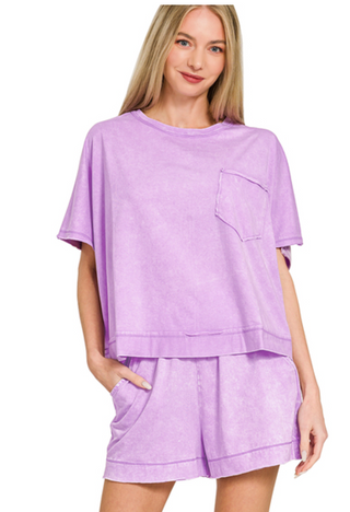 Lavender Acid washed oversized top & shorts set