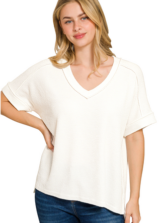 White Ribbed V-Neck