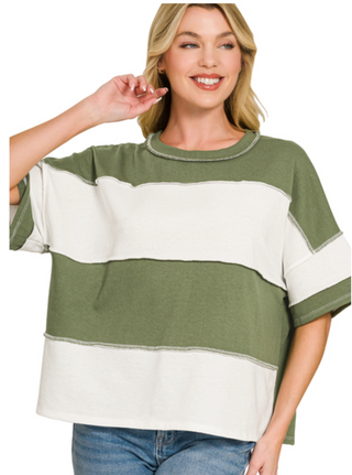 Olive Exposed Seam Stripe Top