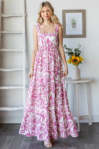 Floral Square Neck Tiered Shoulder Tie Maxi Dress