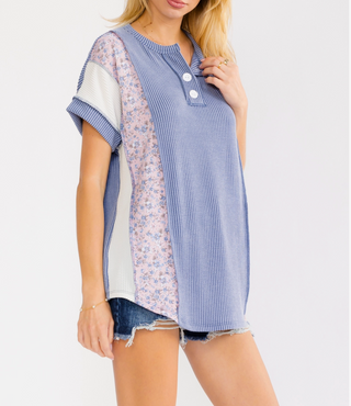 Denim Floral Mixed Print Henley Top