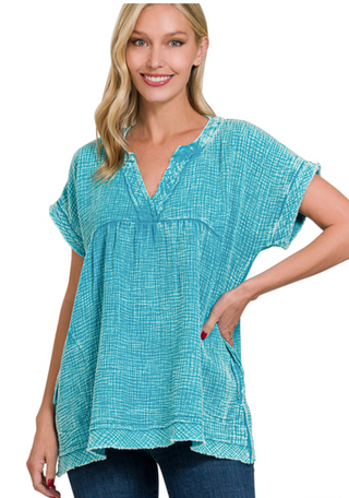 Teal Washed Gauze Top