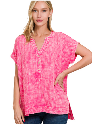Hot Pink Gauze Henley Top