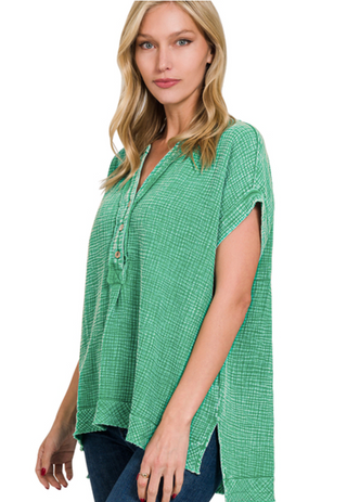 Green Gauze Henley Top