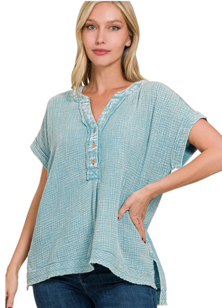 Blue Gauze Henley Top