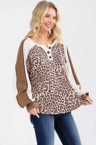 Leopard Print Color Block Button Front Pullover Top