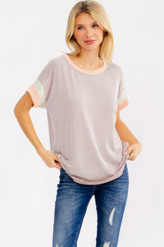 Rib Color Block Short Sleeve Top