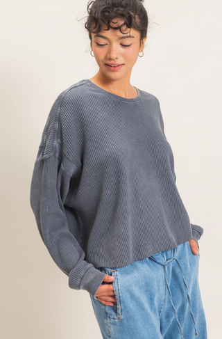 Mineral Wash Waffle Open Back Top: DARK GRAY