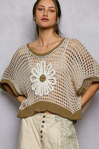 Olive Crochet Flower Top