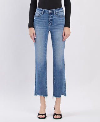 High Rise Uneven Raw Hem Slim Straight Jeans