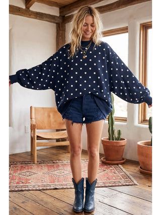 Navy Oversized Polka Dot Scuba Pullover